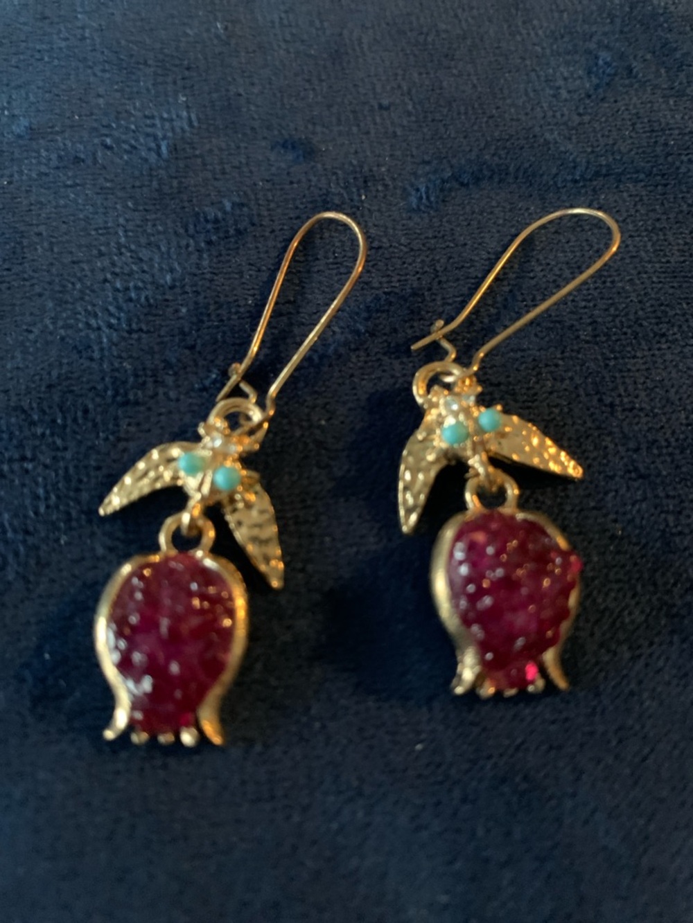 Gold-tone Pomegranate Drop Earrings with Red Enamel and Turquoise Accents